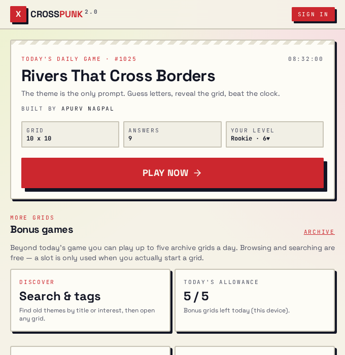 The CrossPunk 2.0 daily game screen with today's theme and grid