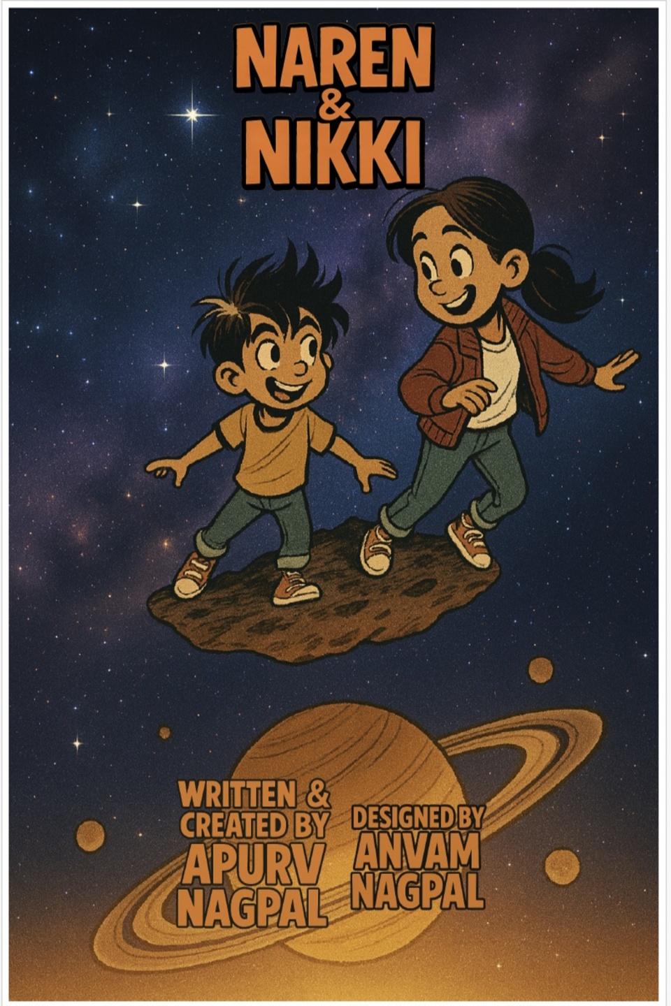 Naren & Nikki floating through space on a rock, a ringed planet glowing below